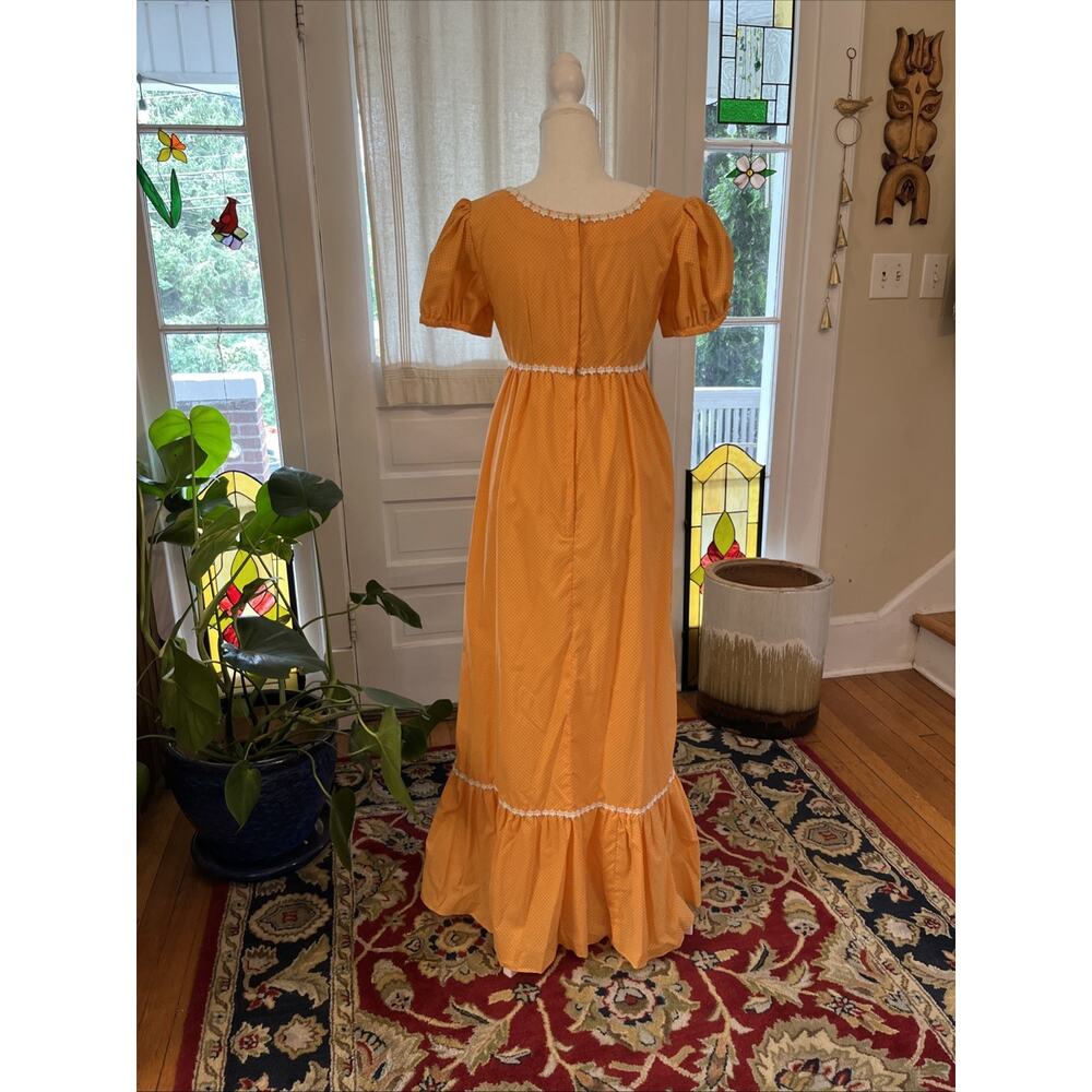 Vintage S 1960s 70s Handmade Apricot Bridesmaid Dress Polka Dot Daisy Retro Maxi - Picture 6 of 12